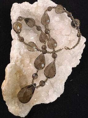 Vintage Smokey quartz briolette necklace, faceted stones, 14K clasp, statement